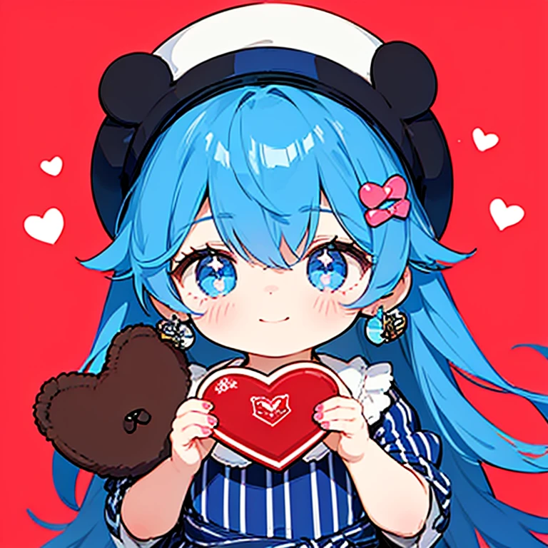 (masterpiece:1.2), highest quality,pixiv,sweet girl portrait,1 girl, teddy bear, stuffed animals, Stuffed black cat, alone, holding, have, holding ぬいぐるみ,hair ornaments,earrings, Sparkling,jewelry,hair clip, looking at the viewer,closed mouth, delicate makeup,bangs,tattoo, cas,knit hat,blue color hair color, blue eyes, red background, Valentine, chocolate, Full of heart,ribbon,nail polish, shirt,Tight dress,cas,two-tone background, vertical stripes, hair ring, smile, Waist-length fluffy hair,