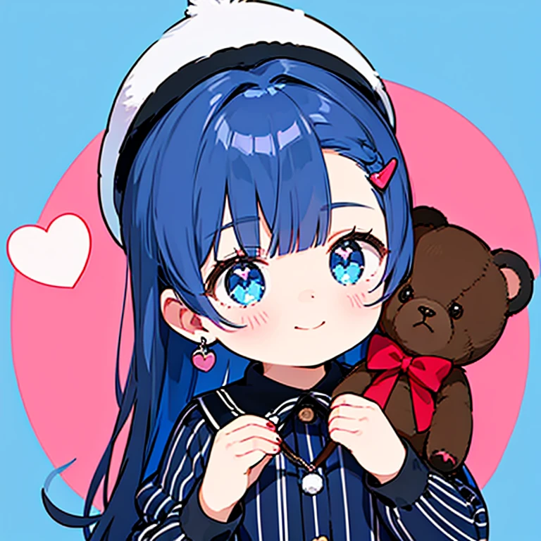 (masterpiece:1.2), highest quality,pixiv,sweet girl portrait,1 girl, teddy bear, stuffed animals, Stuffed black cat, alone, holding, have, holding ぬいぐるみ,hair ornaments,earrings, Sparkling,jewelry,hair clip, looking at the viewer,closed mouth, delicate makeup,bangs,tattoo, cas,knit hat,blue color hair color, blue eyes, red background, Valentine, chocolate, Full of heart,ribbon,nail polish, shirt,Tight dress,cas,two-tone background, vertical stripes, hair ring, smile, Waist-length fluffy hair,