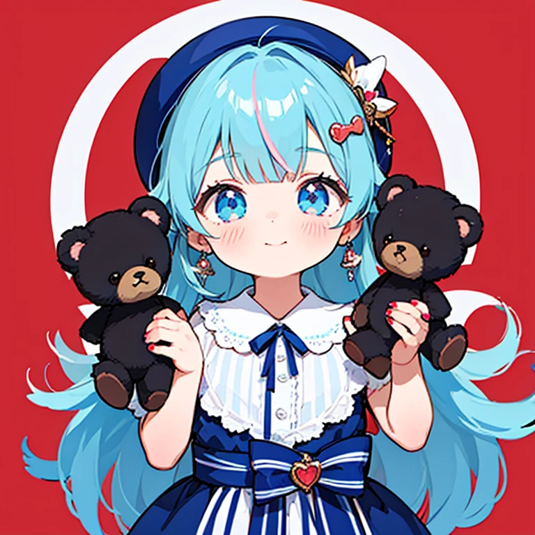 (masterpiece:1.2), highest quality,pixiv,sweet girl portrait,1 girl, teddy bear, stuffed animals, Stuffed black cat, alone, holding, have, holding ぬいぐるみ,hair ornaments,earrings, Sparkling,jewelry,hair clip, looking at the viewer,closed mouth, delicate makeup,bangs,tattoo, cas,knit hat,blue color hair color, blue eyes, red background, Valentine, chocolate, Full of heart,ribbon,nail polish, shirt,Tight dress,cas,two-tone background, vertical stripes, hair ring, smile, Waist-length fluffy hair,