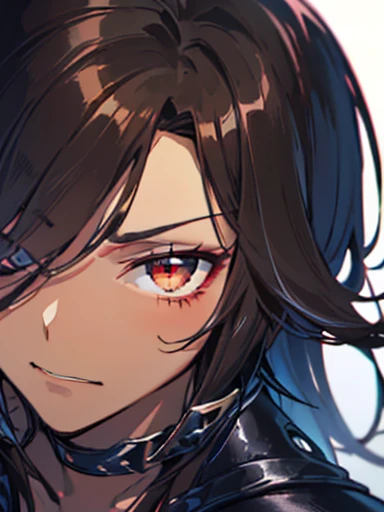 (masterpiece), best quality, expressive eyes, perfect face,{only one male},((((dark skin))), otokonoko, (((short dark brown hair with long locks))), big cute red eye's, wearing HIGH COLLAR, BLACK ARMORED GAUNTLETS, BLACK ARMORED BOOTS, BLACK PANTS, SHORT BLACK JACKET, BLACK WOUND IN CHEST, close up,