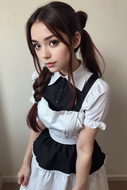 masterpiece,(Best Quality, Genuine,Detailed face:1.3),(One Girl,Alone:1.3),Beautiful detailed eyes,  apron, gradient_background, gradient, Maid, Purple eyes,red hair,Small breasts,, break, enMaided, white_apron, black_dress,  ponytail, black_shoes, Frilled_apron, dress, Maid_apron, replace_hair,very long hair, _ ponytail, halo 