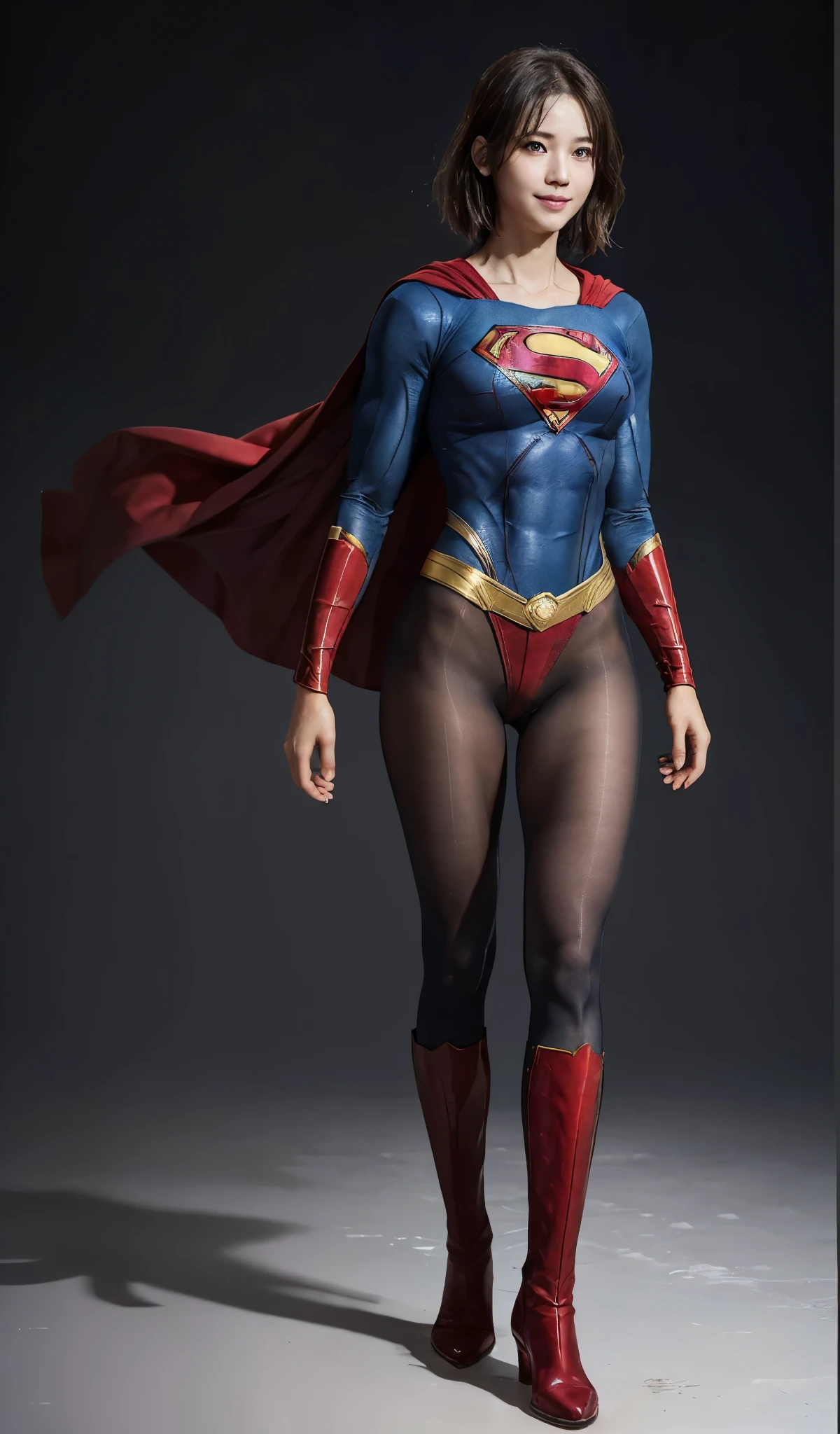 No background、(((Beautiful legs in black tights.)))、(((Legally Express the Beauty of Your Smile)))、((((Make the most of your original images)))、((( Supergirl Costume)))、(((Beautiful short bob hair)))、(((suffering)))、(((Please wear black tights....、Wear red boots)))、((Highest quality、8k))、((Best Quality、8k、masterpiece:1.3))、(((Save Background )))、Sharp focus:1.2、 Beautiful Woman with Perfect Figure :1.4、Thin abdominal muscles:1.2、Wet body:1.5、 highly detailed face and skin textures、8k