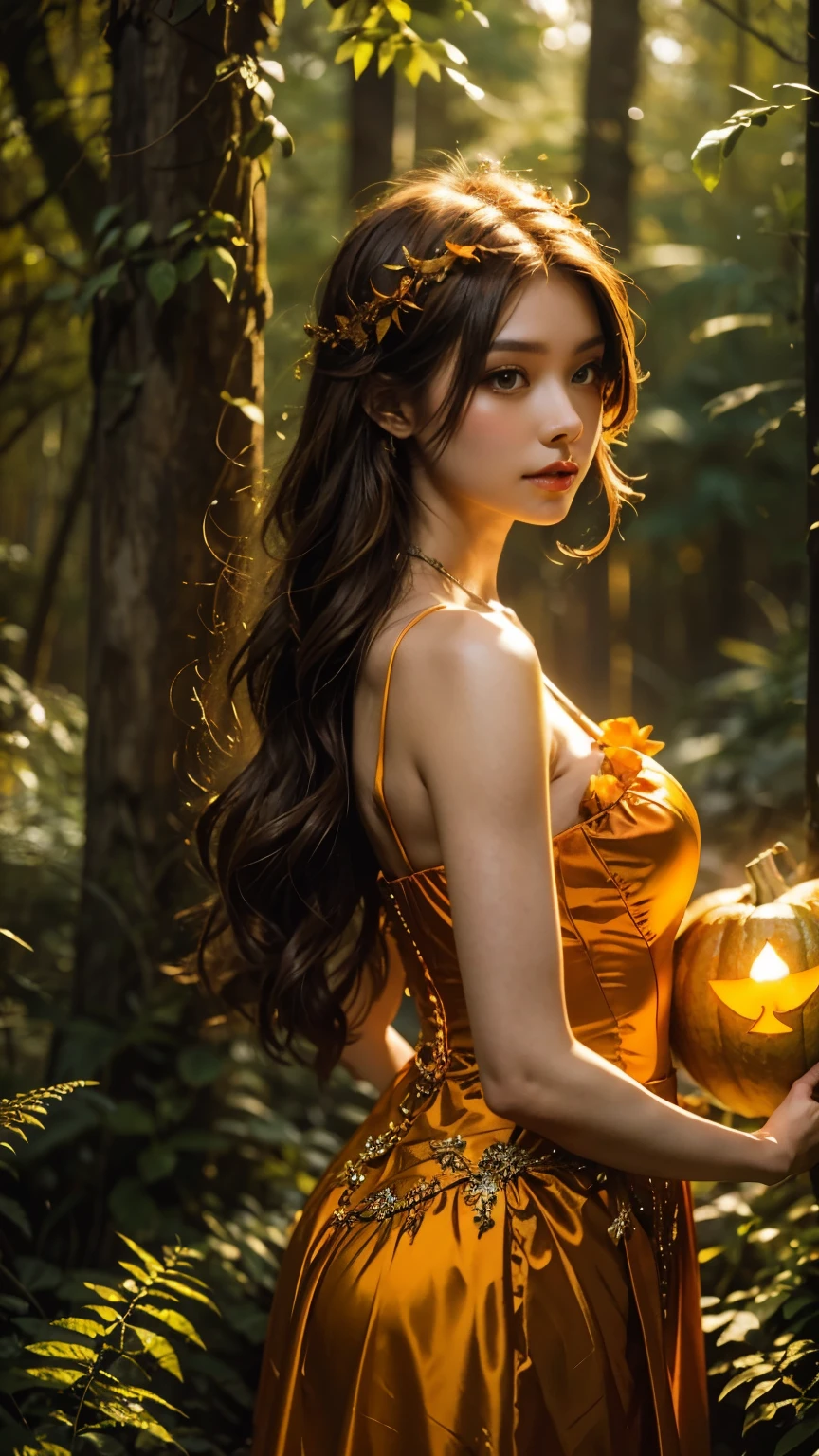 
นี่คือพรอมพ์ที่ได้จากภาพที่คุณส่งมา:

"A magical and enchanting scene in a twilight forest, featuring a young woman dressed as a fairy. She is wearing an intricately designed orange and green corset with delicate details, resembling a pumpkin theme. Her golden, translucent wings sparkle softly in the background. She holds a staff topped with a glowing jack-o'-lantern, adding a Halloween feel to the image. Her hair is adorned with orange roses and green leaves, enhancing her ethereal appearance. The background is blurred, with soft bokeh lights creating a dreamy, fantasy atmosphere."