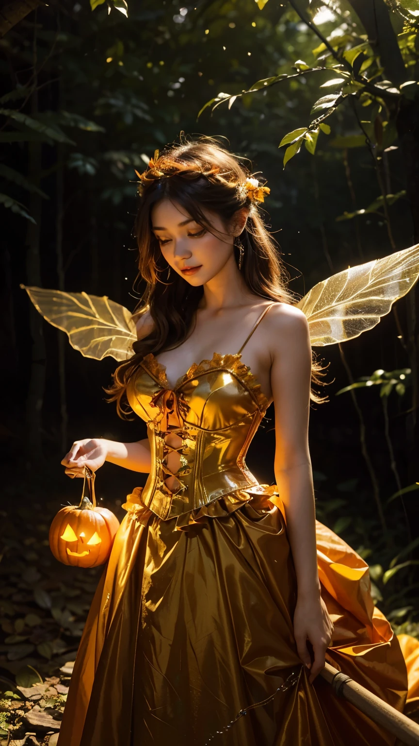 
นี่คือพรอมพ์ที่ได้จากภาพที่คุณส่งมา:

"A magical and enchanting scene in a twilight forest, featuring a young woman dressed as a fairy. She is wearing an intricately designed orange and green corset with delicate details, resembling a pumpkin theme. Her golden, translucent wings sparkle softly in the background. She holds a staff topped with a glowing jack-o'-lantern, adding a Halloween feel to the image. Her hair is adorned with orange roses and green leaves, enhancing her ethereal appearance. The background is blurred, with soft bokeh lights creating a dreamy, fantasy atmosphere."