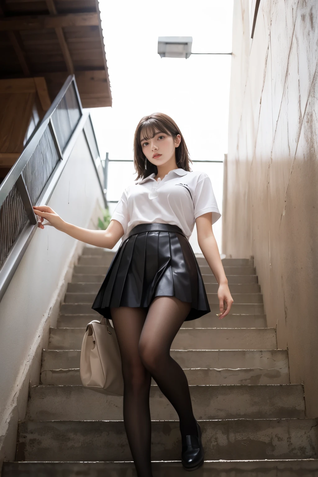 heavy rain, soaked, long hair, looking at viewer, smile, bangs, skirt, brown hair, shirt, short sleeves, brown eyes,  bob hair, Running in Stairway of ball park, white polo shirt, pleated micro skirt, open clothes, Leather shoes, striped, collared shirt, Delicate hands , bag, (Brack Pantyhose:1.2), brown loafer, school bag, Wet,  (From below:1.2), Plump breast, 