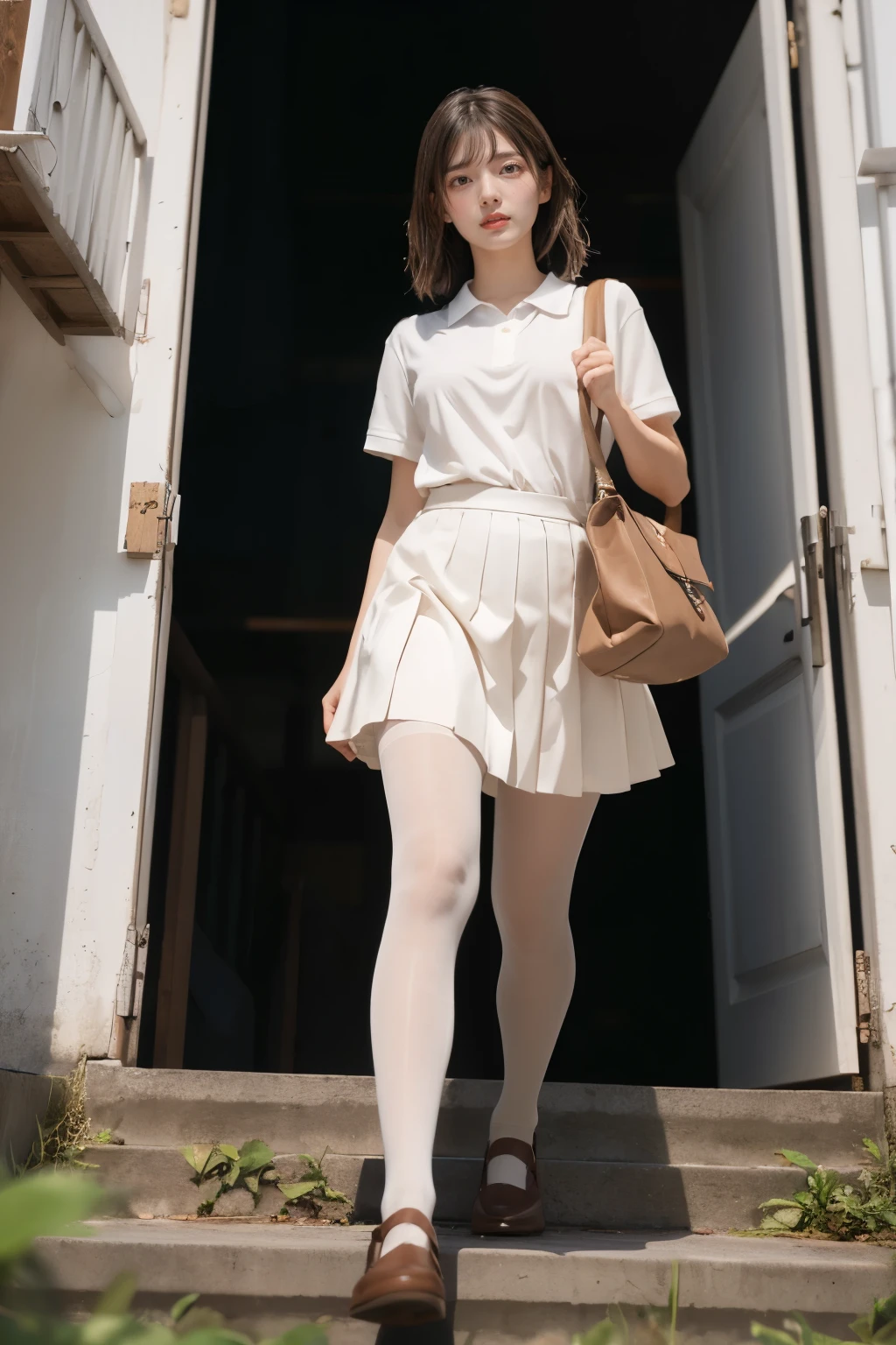 Alafi, wearing a pink dress and white tights, stood on the bridge, Wearing white tights, White tights, wearing white skirt, anime barbie in white stockings, white and light-pink outfit, japanese girl school uniform, Japanese school uniform, wearing a Japanese school uniform, pantyhose tights, pink tight mini-skirt, wearing skirt and high socks, White skirt, nylon tights