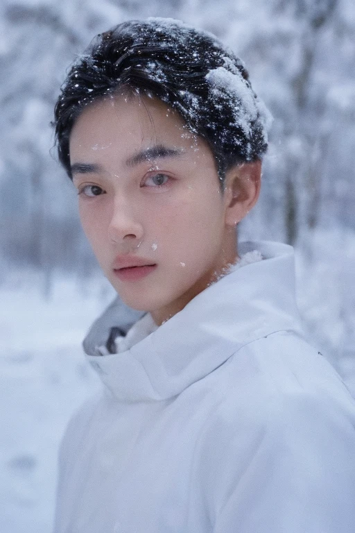 a handsome boy in the snow, high resolution, (realistic:1.4), original photo, half-body shot, in the dark, deep shadows, low-key, cold lighting, extremely handsome, detailed, emotional, clear facial features, well-dressed