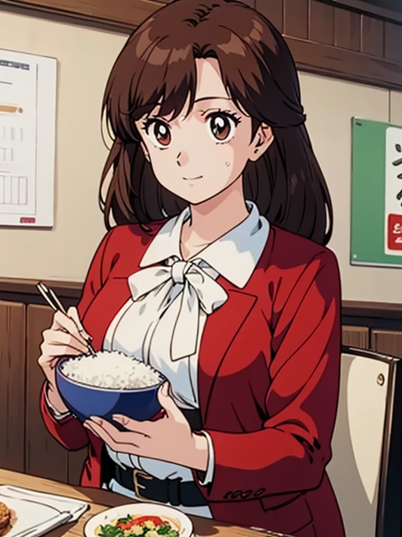 (Anime Style)、(Facial beauty:1.4)、(Beauty、Big Breasts)、colorful、Glowing Skin、(masterpiece:1.5)、(High resolution)、(Best Quality)、(Ultra high definition)、break、Brown Hair、 semi-long hair holding a bowl、Kurita Yuko、break、 red jacket with rice bowl、break、 white pleated skirt with rice bowl、 White Bowtie Blouse 、White ribbon、skirt belt、break、smile、restaurant、Holding a rice bowl