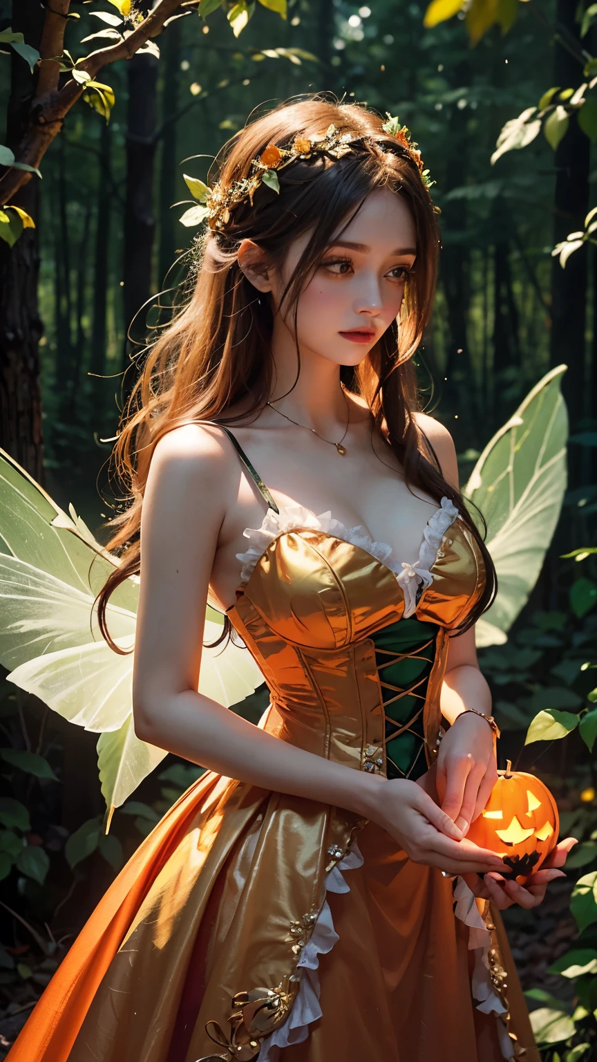 "A magical and enchanting scene in a twilight forest, featuring a young woman dressed as a fairy. She is wearing an intricately designed orange and green corset with delicate details, resembling a pumpkin theme. Her golden, translucent wings sparkle softly in the background. She holds a staff topped with a glowing jack-o'-lantern, adding a Halloween feel to the image. Her hair is adorned with orange roses and green leaves, enhancing her ethereal appearance. The background is blurred, with soft bokeh lights creating a dreamy, fantasy atmosphere."