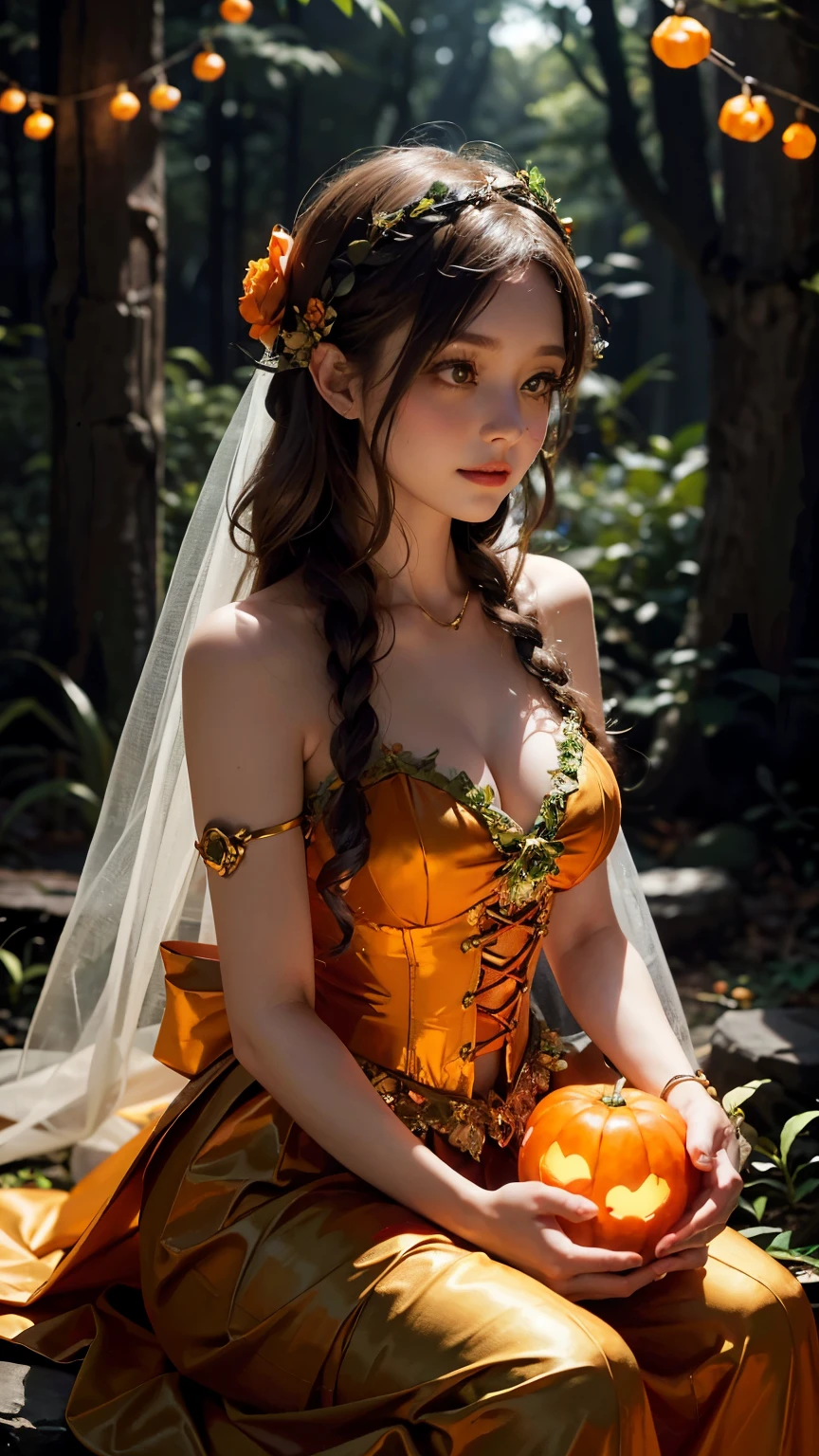 "A magical and enchanting scene in a twilight forest, featuring a young woman dressed as a fairy. She is wearing an intricately designed orange and green corset with delicate details, resembling a pumpkin theme. Her golden, translucent wings sparkle softly in the background. She holds a staff topped with a glowing jack-o'-lantern, adding a Halloween feel to the image. Her hair is adorned with orange roses and green leaves, enhancing her ethereal appearance. The background is blurred, with soft bokeh lights creating a dreamy, fantasy atmosphere."