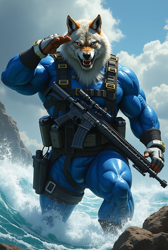 (A rugged beefy very muscular bulky angry wolf man), (wearing blue wetsuit), saluting, carrying a rifle. He has bulky scuba gear, muscular physique, toned muscles, fierce, heroic, action, comic artstyle, bulky best quality, wearing white fingerless gloves. wearing gun holster on left thighs, dynamic action pose, fierce expression, showcasing an imposing stature, powerful, best quality image, action-packed atmosphere, masterpiece.