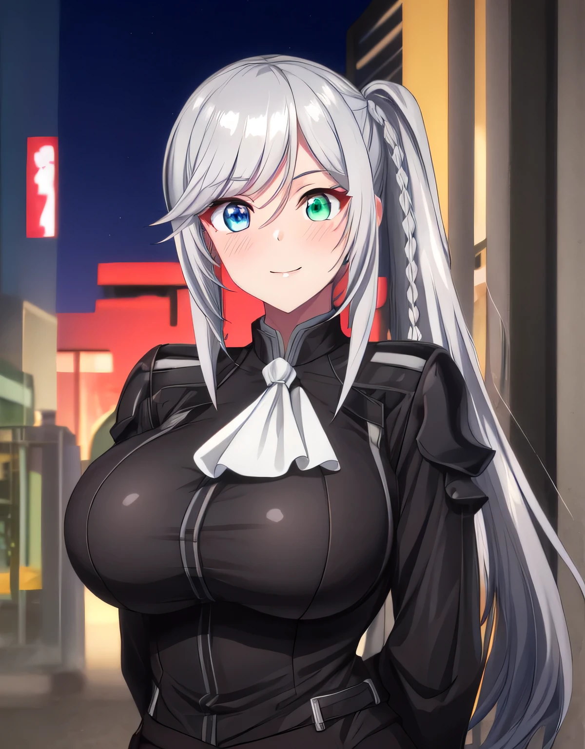 livia_wz,long hair,side ponytail,grey hair,sliver hair,heterochromia,blue eyes,green eyes,braid,white ascot,long sleeves,black jacket,black pants,jewelry,(large breasts:1.55),(shiny hair),((solo)),((masterpiece)),((best quality)),perfect anatomy,slim waist,perfect image,8k UHD,(beautiful detailed eyes:1.5),extremely detailed face,standing,(upper body:1.2),(look at the front:1.5),ultra-detailed,absurdres,ultra-highres,(arms behind back:1.15).smile.blush,closed mouth,lips,