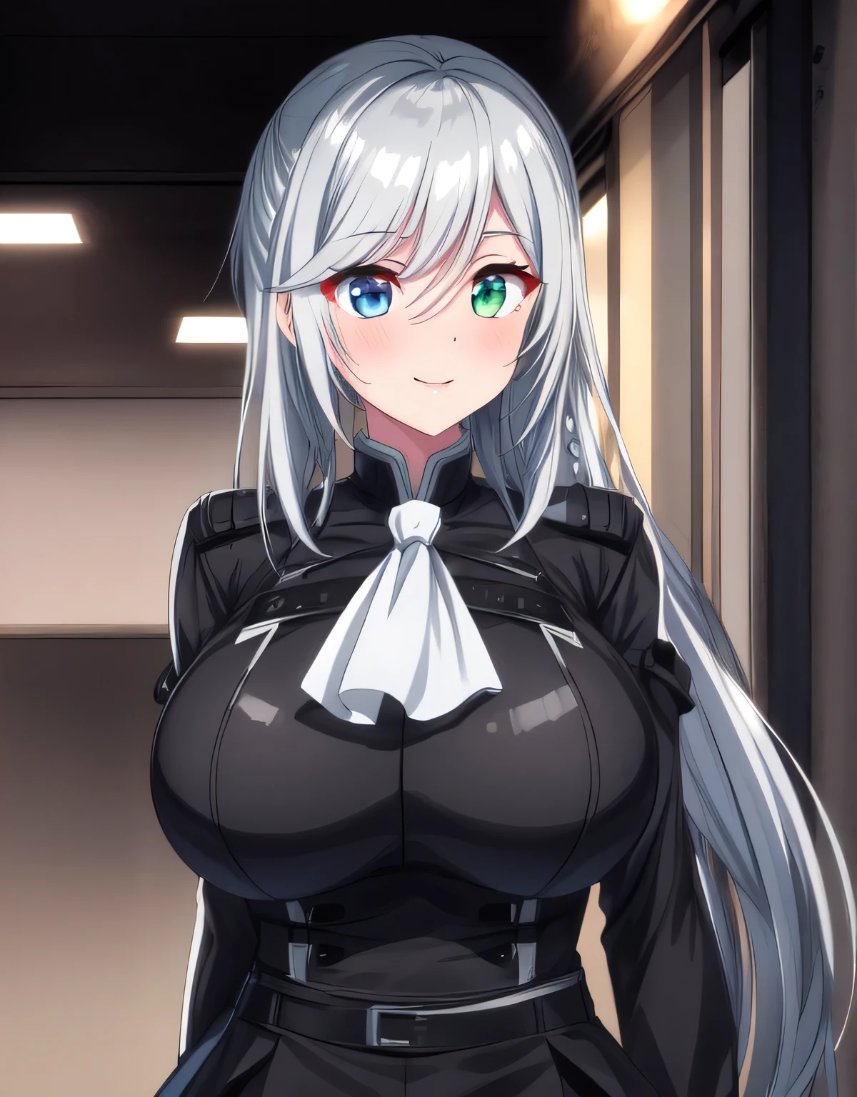 livia_wz,long hair,side ponytail,grey hair,sliver hair,heterochromia,blue eyes,green eyes,braid,white ascot,long sleeves,black jacket,black pants,jewelry,(large breasts:1.55),(shiny hair),((solo)),((masterpiece)),((best quality)),perfect anatomy,slim waist,perfect image,8k UHD,(beautiful detailed eyes:1.5),extremely detailed face,standing,(upper body:1.2),(look at the front:1.5),ultra-detailed,absurdres,ultra-highres,(arms behind back:1.15).smile.blush,closed mouth,lips,