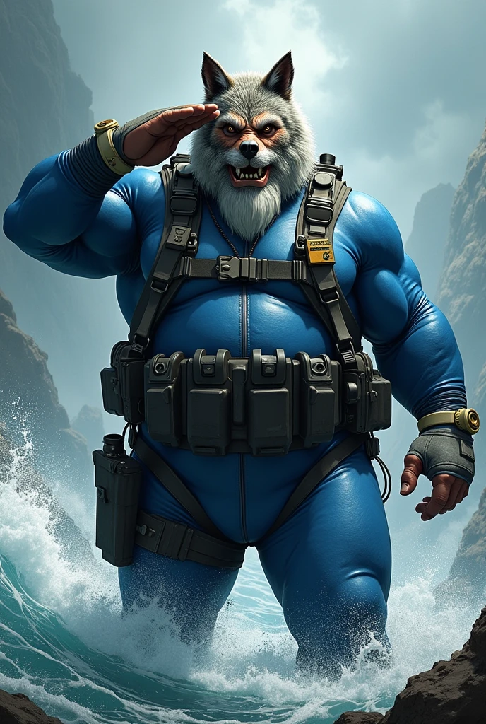 (A rugged beefy very muscular bulky angry chubby old man), (wearing blue wetsuit), saluting, carrying a rifle (wearing realistic wolf mask). He has bulky scuba gear, muscular physique, toned muscles, fierce, heroic, action, comic artstyle, bulky best quality, wearing white rubber gloves. wearing gun holster on left thighs, dynamic action pose, fierce expression, showcasing an imposing stature, powerful, best quality image, action-packed atmosphere, masterpiece.