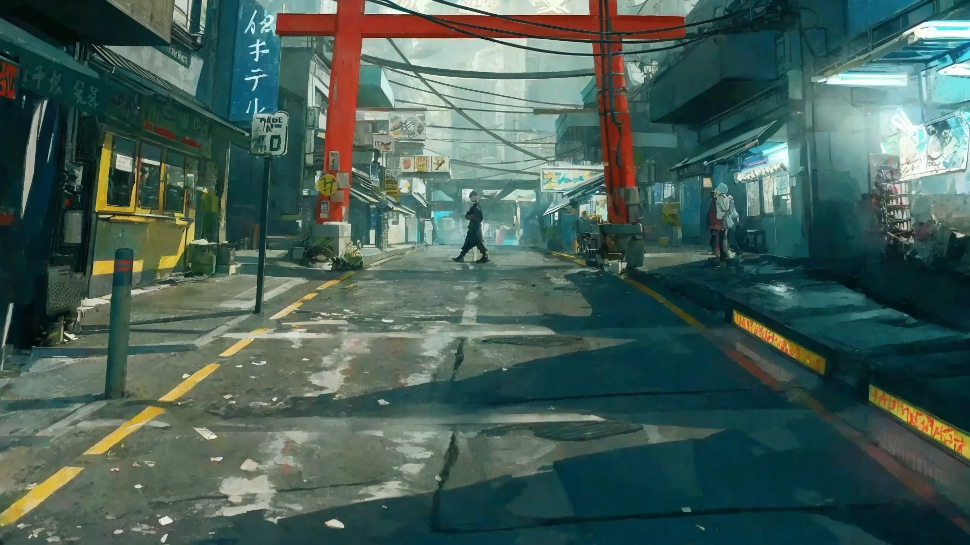 A daytime city street scene from a head-on perspective. There are Kabukicho pillars at the end of the street. There are small shops on the side of the street, full of life. On the right is a food shop. Steam is floating outside the street. There are various signs on the shops on both sides of the street. There are road signs on the street. There are horizontal wires above the street. Light and shadow rendering, UE5 rendering, cartoon style