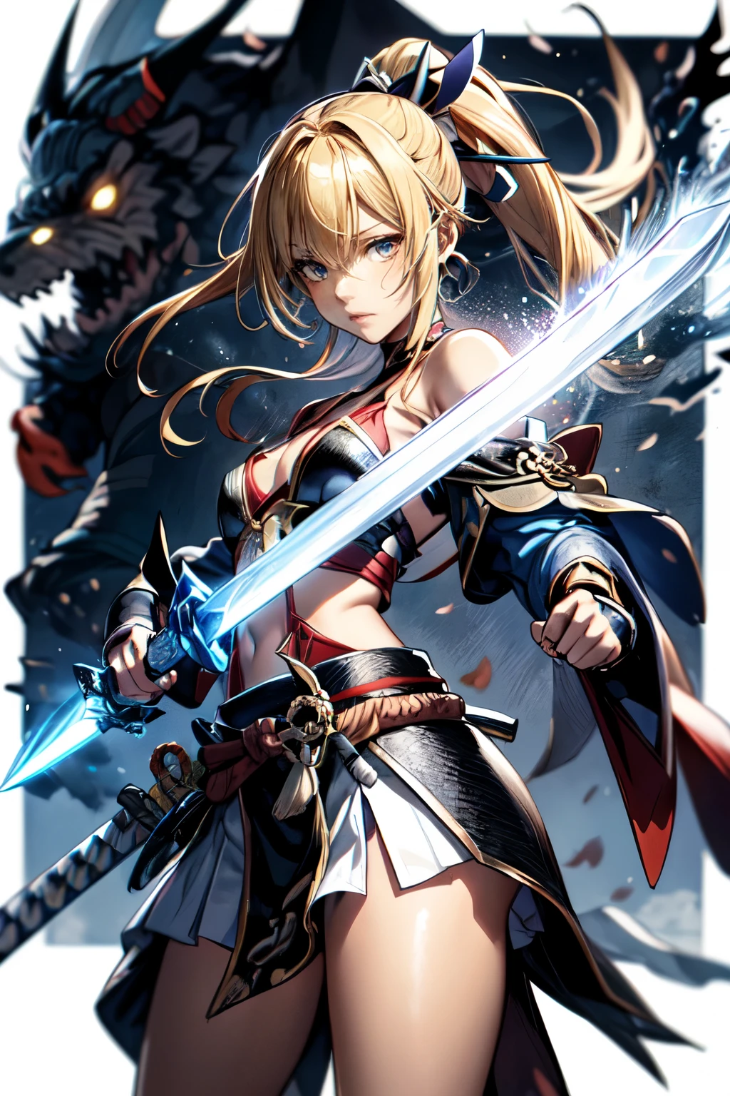 One Girl,anime,Anatomically correct, A series of character actions,,ponytail, masterpiece, Textured Skin, Action Painting, Heavy makeup, Brown Skin,Perfect Face,Perfect Eyes,samurai,samurai,Sengoku Warlordsの鎧,Waist Armor,A blow with a sword,Small breasts,Thin thighs,Combat with enemies,Calm expression,Flame Attribute,Yellow Hair,Sengoku Warlords,Battle of Sekigahara,Glowing sword effect,transparent sword