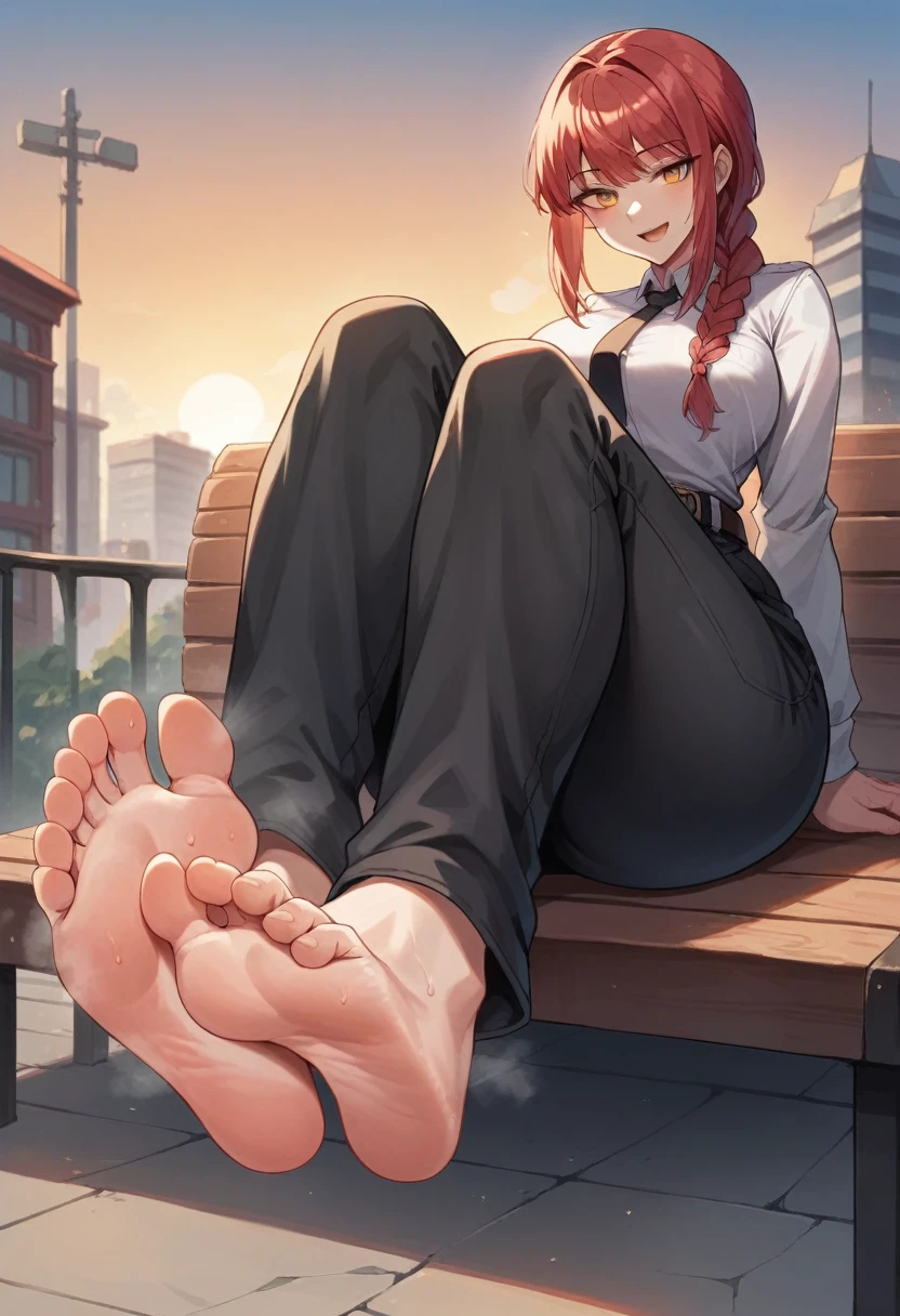 8k, high definition, cleanup, best quality, 1 girl, solo, white shirt, necktie, braided ponytail, red hair, barefoot, soles, feet, toes, feet focus, feet up, legs up, black long pants, belt, thick thighs, sitting on bench, floor, steaming feet, building, outdoors, big breasts, wide hips, seductive smile, seductive look, yellow eyes, thooty smile, open mouth, sunset, Makima,