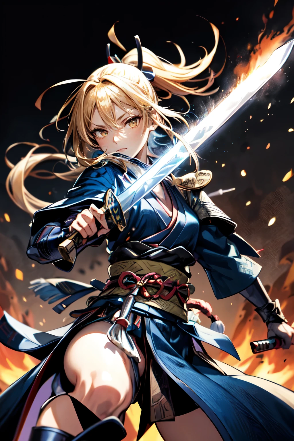 One Girl,anime,Anatomically correct, A series of character actions,,ponytail, masterpiece, Textured Skin, Action Painting, Heavy makeup, Brown Skin,Perfect Face,Perfect Eyes,samurai,samurai,Sengoku Warlordsの鎧,Waist Armor,A blow with a sword,Small breasts,Thin thighs,Combat with enemies,Calm expression,Flame Attribute,Yellow Hair,Sengoku Warlords,Battle of Sekigahara,Glowing sword effect,transparent sword