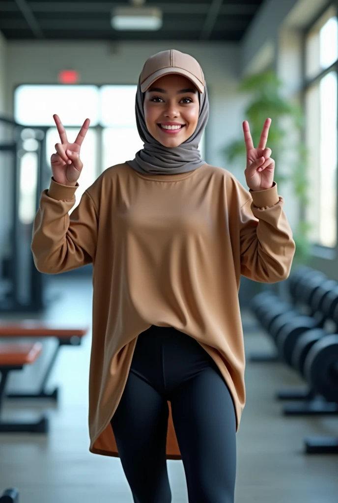 woman wearing glasses and hijab and lipstick smiling wearing leggings with both arms up in the air