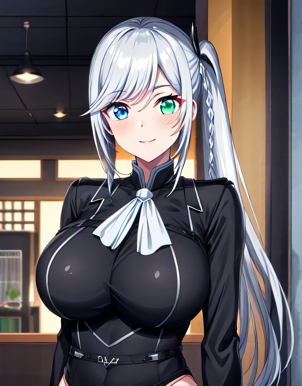 livia_wz,long hair,side ponytail,grey hair,sliver hair,heterochromia,blue eyes,green eyes,braid,white ascot,long sleeves,black jacket,black pants,jewelry,(large breasts:1.55),(shiny hair),((solo)),((masterpiece)),((best quality)),perfect anatomy,slim waist,perfect image,8k UHD,(beautiful detailed eyes:1.5),extremely detailed face,standing,(upper body:1.2),(look at the front:1.5),ultra-detailed,absurdres,ultra-highres,arms behind back.smile.blush,closed mouth,lips,indoor room,