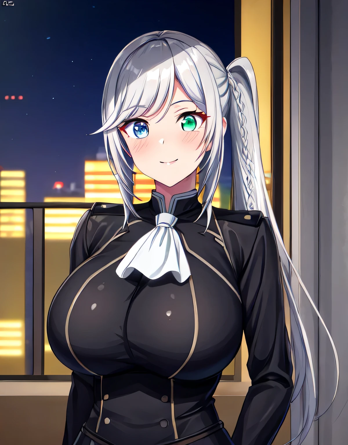 livia_wz,long hair,side ponytail,grey hair,sliver hair,heterochromia,blue eyes,green eyes,braid,white ascot,long sleeves,black jacket,black pants,jewelry,(large breasts:1.55),(shiny hair),((solo)),((masterpiece)),((best quality)),perfect anatomy,slim waist,perfect image,8k UHD,(beautiful detailed eyes:1.5),extremely detailed face,standing,(upper body:1.2),(look at the front:1.5),ultra-detailed,absurdres,ultra-highres,arms behind back.smile.blush,closed mouth,lips,indoor room,