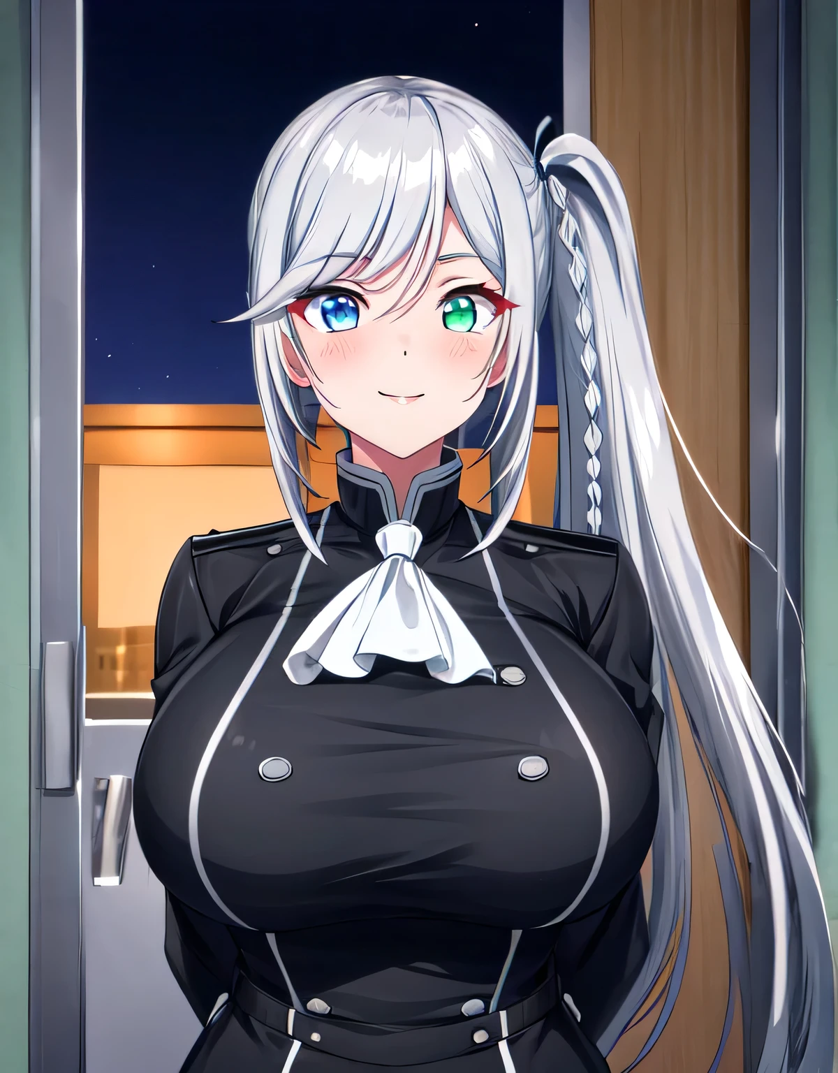 livia_wz,long hair,side ponytail,grey hair,sliver hair,heterochromia,blue eyes,green eyes,braid,white ascot,long sleeves,black jacket,black pants,jewelry,(large breasts:1.55),(shiny hair),((solo)),((masterpiece)),((best quality)),perfect anatomy,slim waist,perfect image,8k UHD,(beautiful detailed eyes:1.5),extremely detailed face,standing,(upper body:1.2),(look at the front:1.5),ultra-detailed,absurdres,ultra-highres,arms behind back.smile.blush,closed mouth,lips,indoor room,