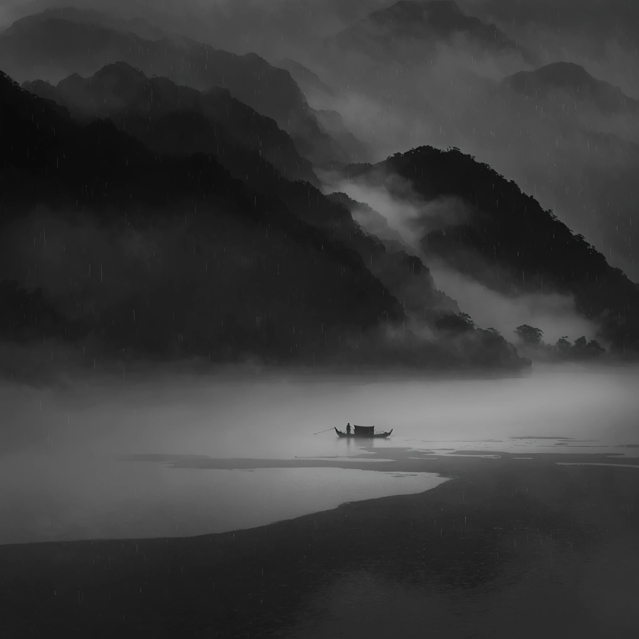  Aravd boat in the middle of a body of water，Mountains in the background, Fanhao Photography,  Gloomy foggy atmosphere , Only black and white,  Awesome and moody , Misty atmosphere, Black and white matte painting, Black and White Photography, In the peaceful scenery, Nguyen Gia, Grayscale photography , Moody Scene, Fog on the water,  Foggy and Rain 