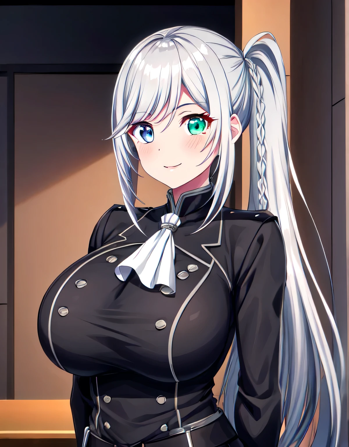 livia_wz,long hair,side ponytail,grey hair,sliver hair,heterochromia,blue eyes,green eyes,braid,white ascot,long sleeves,black jacket,black pants,jewelry,(large breasts:1.55),(shiny hair),((solo)),((masterpiece)),((best quality)),perfect anatomy,slim waist,perfect image,8k UHD,(beautiful detailed eyes:1.5),extremely detailed face,standing,(upper body:1.2),(look at the front:1.5),ultra-detailed,absurdres,ultra-highres,arms behind back.smile.blush,closed mouth,lips,indoor room,