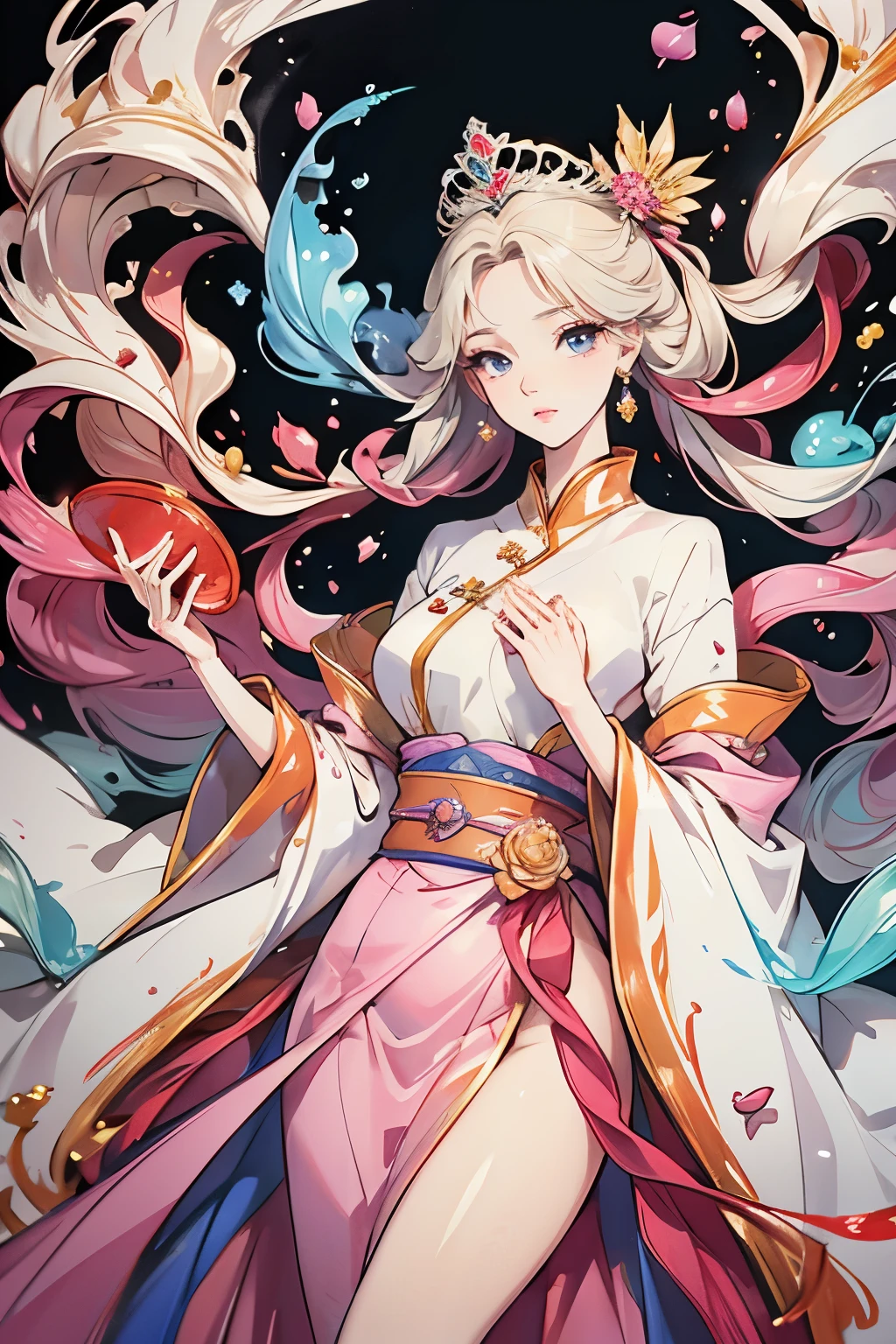 (High image quality, Best Quality, High resolution, Super detailed, 8k, Fine painting), Beautiful young woman, Unparalleled beauty, goddess, perfect body , Perfect Nose, Perfect Mouth, Perfect Eyes, Beautiful face drawing, Perfect Skin, The most beautiful woman in the world, Silver blonde medium hair, Flower Hair Ornaments, Platinum Tiara, Elegant appearance, Bright Eyes, Perfect Skin, A simple and sophisticated two-piece silk garment, Pale pink shawl, Light silk belt, Ethereal and flowing long skirt, Overwhelmingly colorful colors, A dreamy and fantastical atmosphere, fantasy style exquisitely crafted in anime style, embodies traditional Chinese beauty , Exquisite and mature manga drawing style, anatomically correct, highly detailed eyes and face , Unique creations and depictions , A mysterious world full of mystery and fantasy ,
