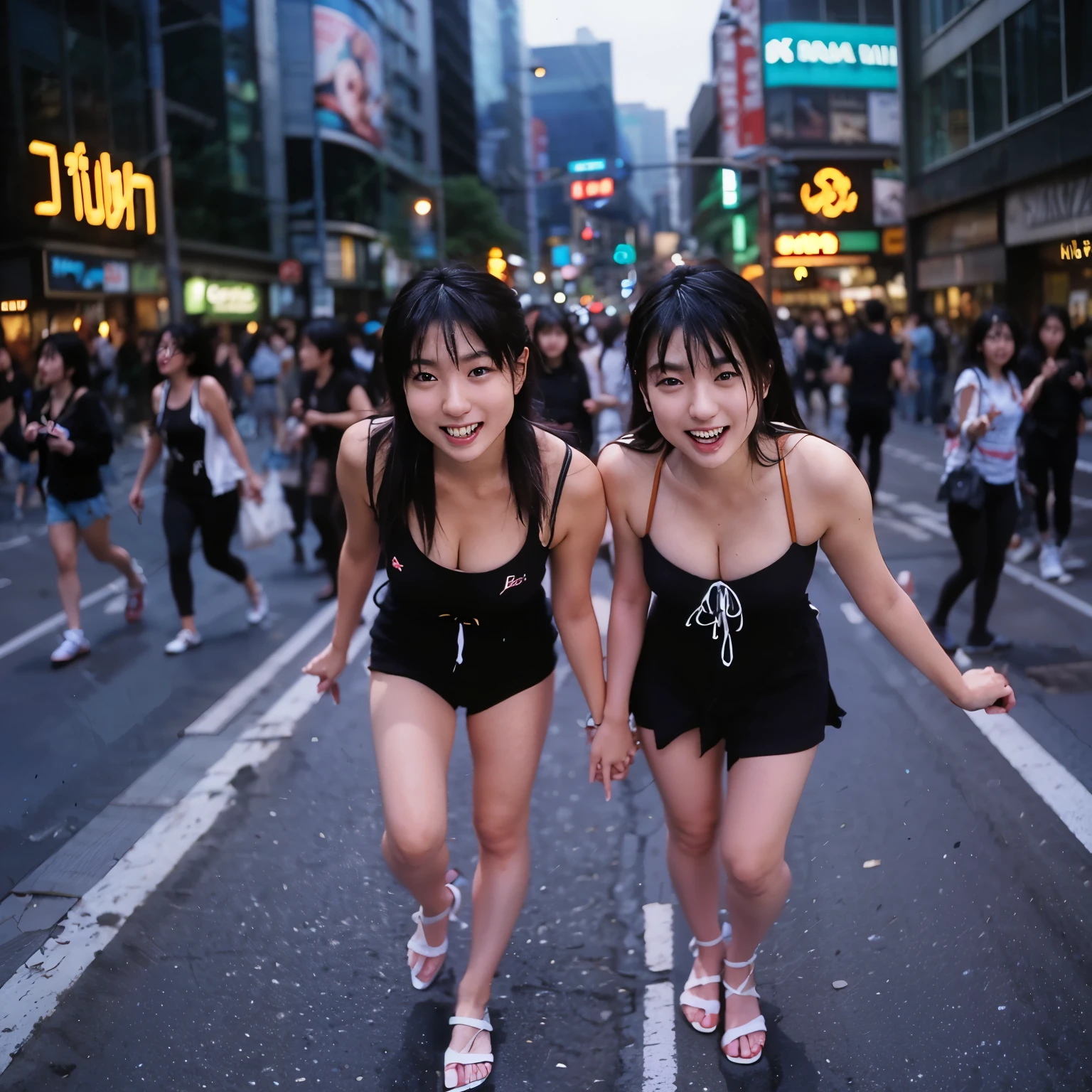 	21.	(Shibuya scramble crossing at night、Twin sisters、Shibuya scramble crossing at night with neon lights in the background )
