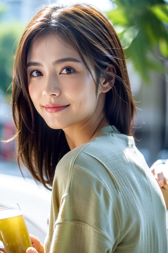 (((Brown hair straight))),From the knee up,blouse with lace、Green skirt、(rain:1.2)、(Wet Skin:1.1)、(Wet clothes:1.25)、(Wet Hair:1.25)、(Natural laughter:1.25)、Standing Alone、Looking forward、Light eye makeup、Brown Hair Color、Actress Quality、Glossy, ultra-realistic face、Smiling face、Watery eyes、Gazing Up、Subtle lighting effects、 Ultra-Realistic Capture、Very detailed、High resolution 16K close up of human skin。Skin texture must be natural、The details must be such that pores can be clearly seen、The skin is healthy、A worn-out, high-quality、(((SIGMA 300 mm F/1.4,1/1000 sec shutter,ISO 400)))、Road between skyscrapers、白い肌