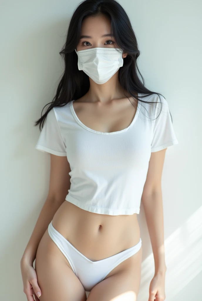 medium shot, ((show off nipple)),living room, japanese lady, pale skin, droopy eyes, 20 year old, bowl cut hair, ((white loose t-shirt,lowrise skinny jeans)), ((sitting on the sofa)), high quality:1.3, shoot from below 2.0, Professional lighting:2.0 realistic:1.2, 4k resolution, detailed skin, masterpiece:1.1,smile,(Glasses),(no bra:1.3),(braless),(naval),((wearing white mask)),