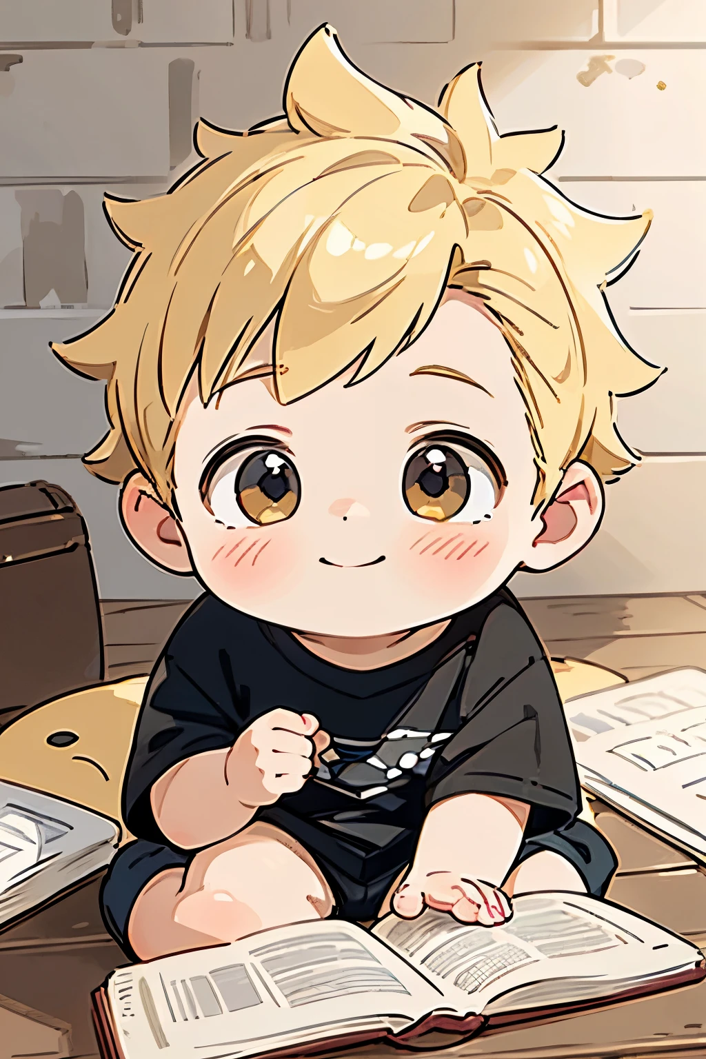 (high-quality, breathtaking),(expressive eyes, perfect face) portrait, Symmetrical Eyes, 1boy, solo, 1 , blonde hair, yellow golden coloured eyes, medium hair, spiked hair, fluffy hair, baby faceckground, wooden floorboard, stone wall background, detailed eyes, sitting in a pile of blankets, black shirt, black shorts, cute smile, books
