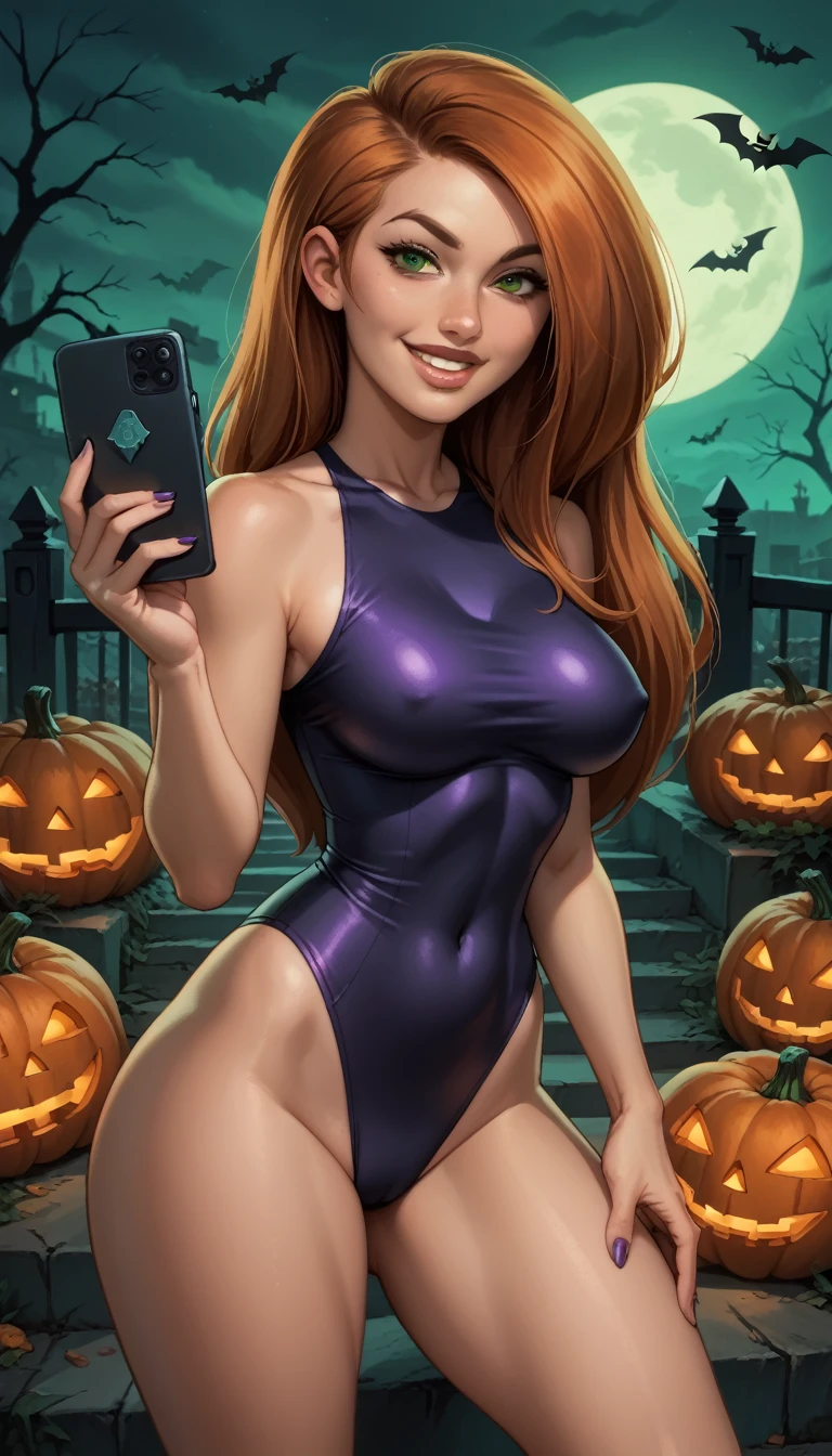 Perfect Selfie , Kim Possible,black swimsuit with , purple swimsuit ,long hair,green eyes, smile,,thick thighs,dynamic pose,smile,large breasts,vibrant colors,Cemetery background ,, lipstick and lip gloss , neckline movie highlight, Halloween 