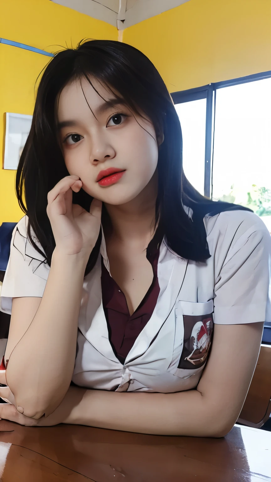 (((Huge breasts :1.3, and droopy breasts:1.4))), 8k, RAW photo, Low angle shot, ((15 years old, very cute schoolgirl in a short skirt)), (Indonesian girl school uniform), (wearing Indonesia school uniform with bow tie), (Indonesia school uniform), (a hyperrealistic schoolgirl), (dressed as schoolgirl, hyperrealistic schoolgirl), wearing school uniform, realistic schoolgirl, girl wearing uniform, wearing a school uniform, standing, full body, nice skin, glowing skin, nice thighs,glowing thigh, glowing legs, short hair, converse shoes with white long socks until below of kness, ((in a crowded class room))