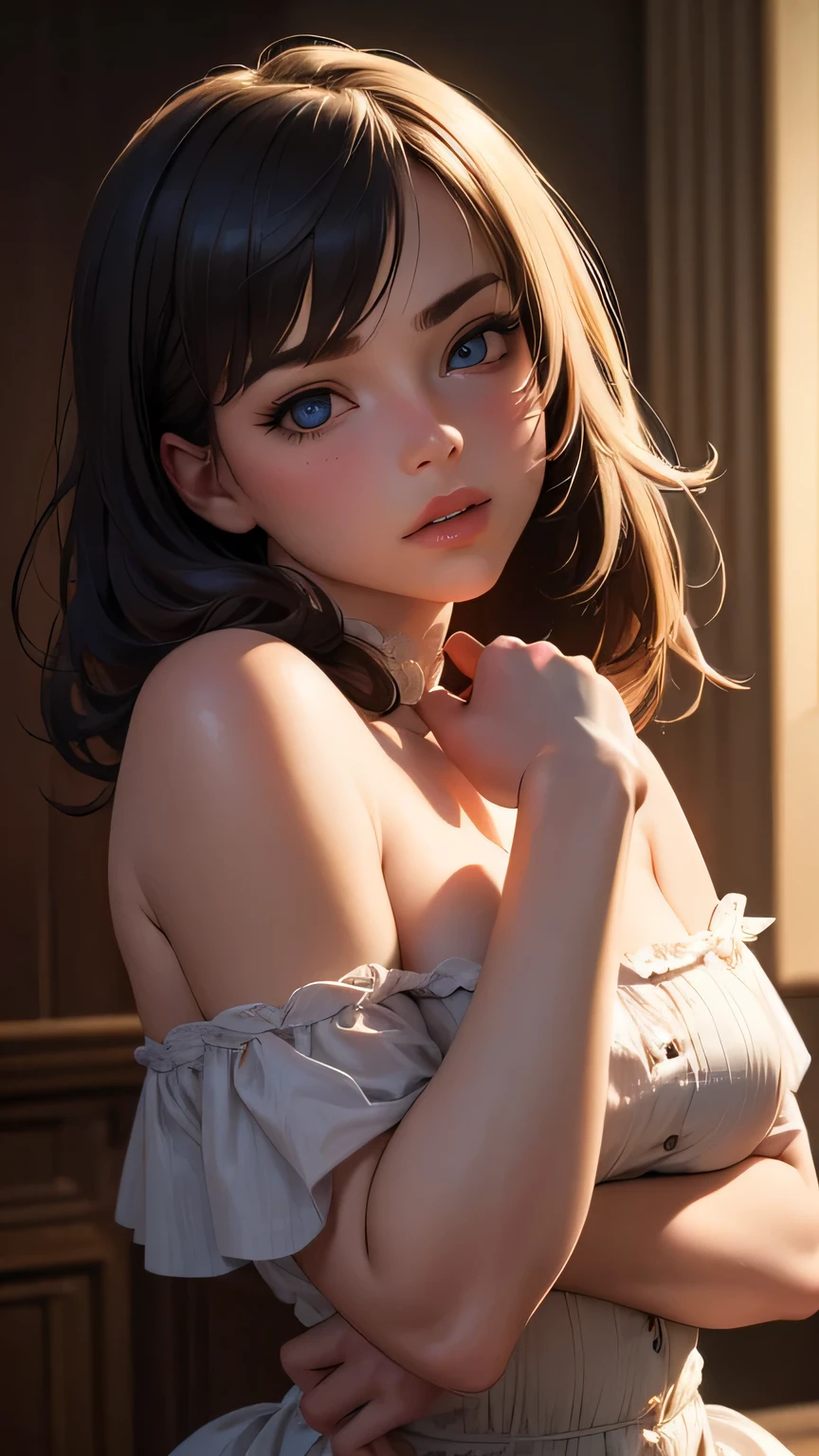 (best quality,4k,8k,highres,masterpiece:1.2),ultra-detailed,(realistic,photorealistic,photo-realistic:1.37),beautiful detailed eyes,beautiful detailed lips,extremely detailed short hair,extremely detailed eyes and face,longeyelashes,1woman,big breasted,small waist,big buttocks,big long legs,lying on a bed,butt looking up,eyes looking straight into the camera,portraits,soft lighting