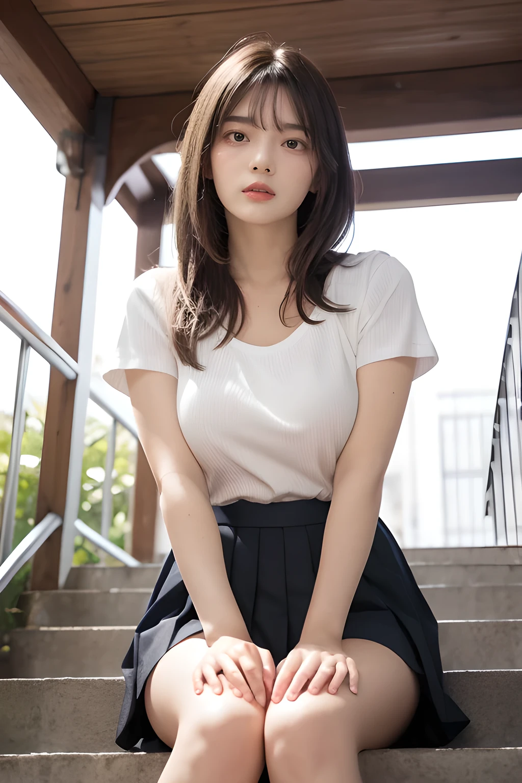 Best image quality, 16K, Ultra-high resolution, 8K, masterpiece, (Canon R5, F1.8, ISO100, 45MP, 1/4000), One Girl, alone, 17 years old, ＪＫ, high school girl, Medium length Hair, bangs, Brown Hair, double eyelid, length eyelashes, Lower eyelashes, Brown eyes, Looking at the audience, Wearing only a white shirt and a pleated skirt, A white shirt with all the buttons undone, Green ribbon around neck, very good, D cup bust, Detailed depiction of nipples, Dark blue and white checked pleated skirt, A miniskirt that barely covers the upper thighs, No pants, nude、Thin arms, length, Thin legs, Dark blue socks, Black loafer shoes, Spread your legs,sitting on a park bench, Full Body Shot, I watch with excitement from below, 
