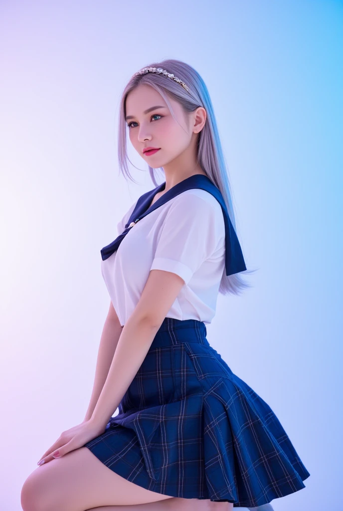 1girl, (masterpiece:1.1), (best quality:1.1), (white blouse:1.1), (plaid skirt:1.1), school uniform, high waist skirt, BREAK [blue:pink:0.5] theme, (gradient background:1.1 ), cowboy shot, BREAK silver hair, long hair,, green eyes, delicate headgear, looking sideways,