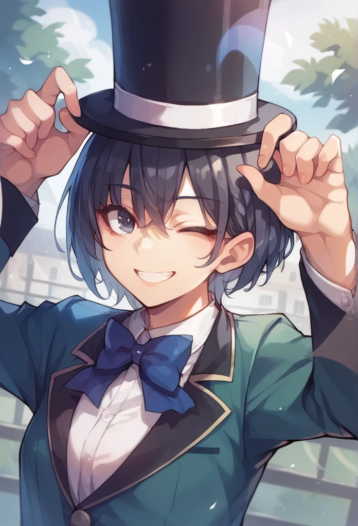 Magician with short black hair,Lady,mini skirt,Top Hat,Right hand holds hat on head, left hand forward, smile, wink,