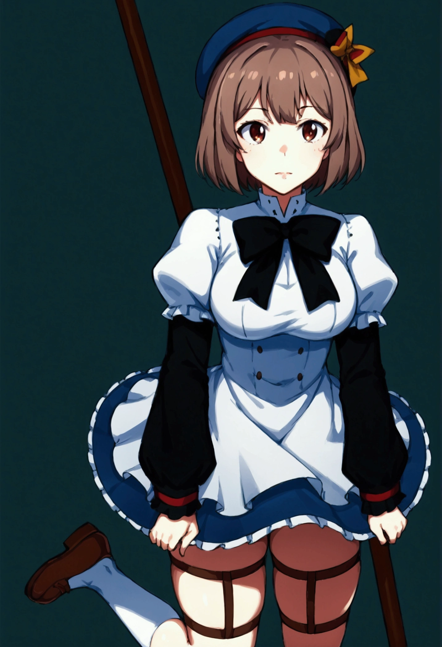 (iwanagadress:1.2), (Iwanagakotoko:0.9),(beret:1.8), iwanaga kotoko, 1 girl, beret, black bow, blue skirt, bow, brown shoes, cane, dress, hair bow, has, tenure, tenure cane, julienne sleeves,  light brown hair , long sleeve,  looking at the spectator, petticoat, puffy sleeves, ojos morados,  short hair, skirt, Alone, thigh strap, high socks, white dress, white headwear, white high socks, Kyokou suiri