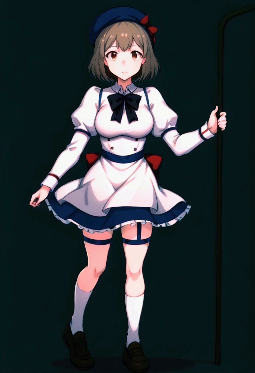 (iwanagadress:1.2), (Iwanagakotoko:0.9),(beret:1.8), iwanaga kotoko, 1 girl, beret, black bow, blue skirt, bow, brown shoes, cane, dress, hair bow, has, tenure, tenure cane, julienne sleeves,  light brown hair , long sleeve,  looking at the spectator, petticoat, puffy sleeves, ojos morados,  short hair, skirt, Alone, thigh strap, high socks, white dress, white headwear, white high socks, Kyokou suiri