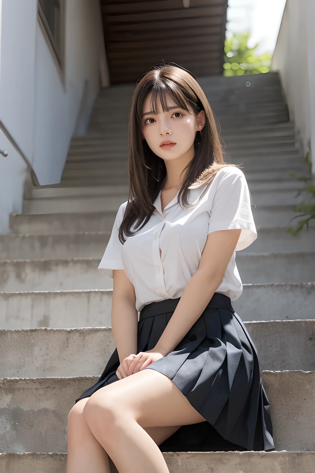 heavy rain, soaked, long hair, looking at viewer, smile, bangs, skirt, brown hair, shirt, short sleeves, brown eyes,  bob hair, Sitting in Stairway of Exit, white browce, pleated micro skirt, Natural hand , school bag,  (From below:1.2), (Plump breast:1.2), split legs, (hold own breast:1.2)