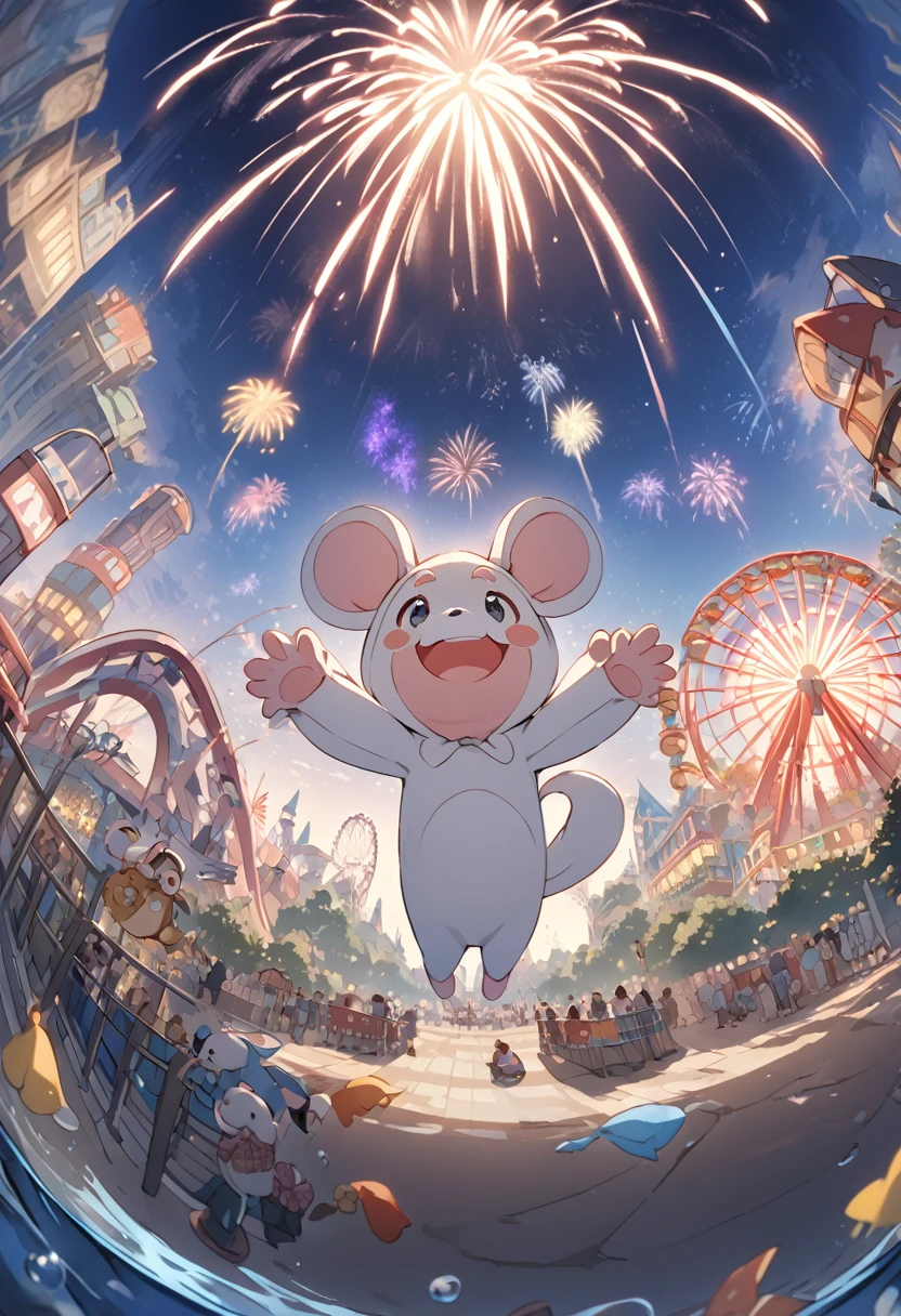 Expand your arms and welcome your audience,big smile,alisa mikhailovna kujou,amusement park,Ferris Wheel, roller coaster going underwater,city,firework,Mouse costume,fisheye, cel shading,from below,