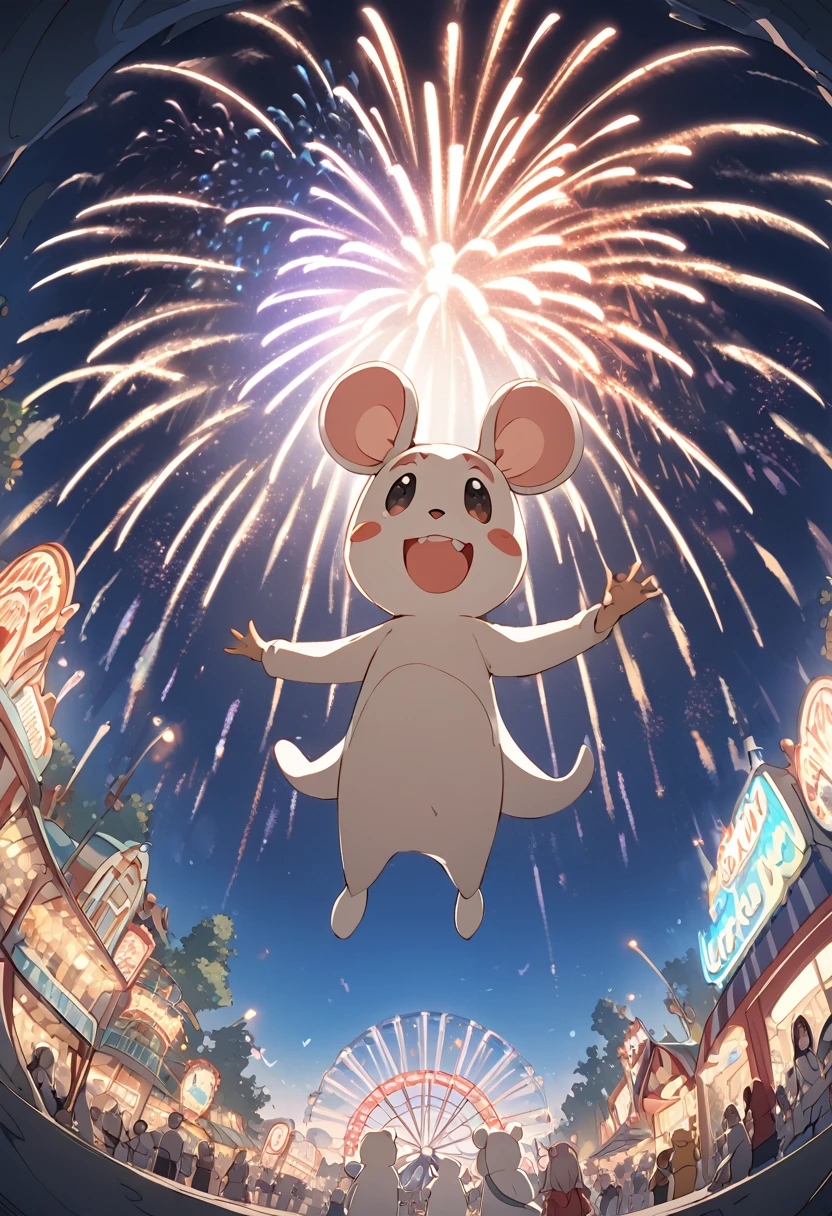 Expand your arms and welcome your audience,big smile,alisa mikhailovna kujou,amusement park,Ferris Wheel, roller coaster going underwater,city,firework,Mouse costume,fisheye, cel shading,from below,