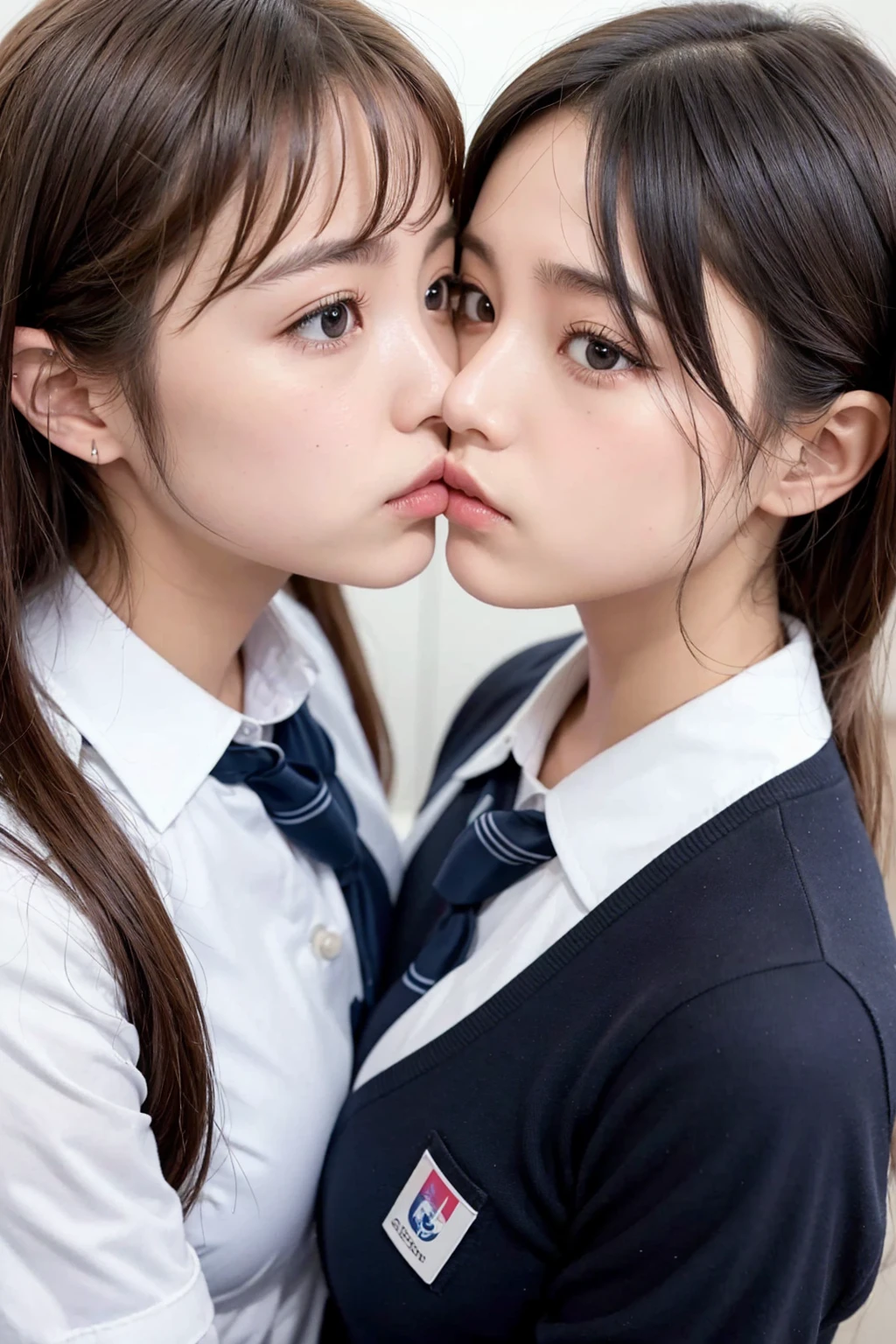 two girls, dislike kiss, facing each other, no gap, cheeks collide, angry expression, kiss, close contact on a crowded train, stuck between girls face, glare