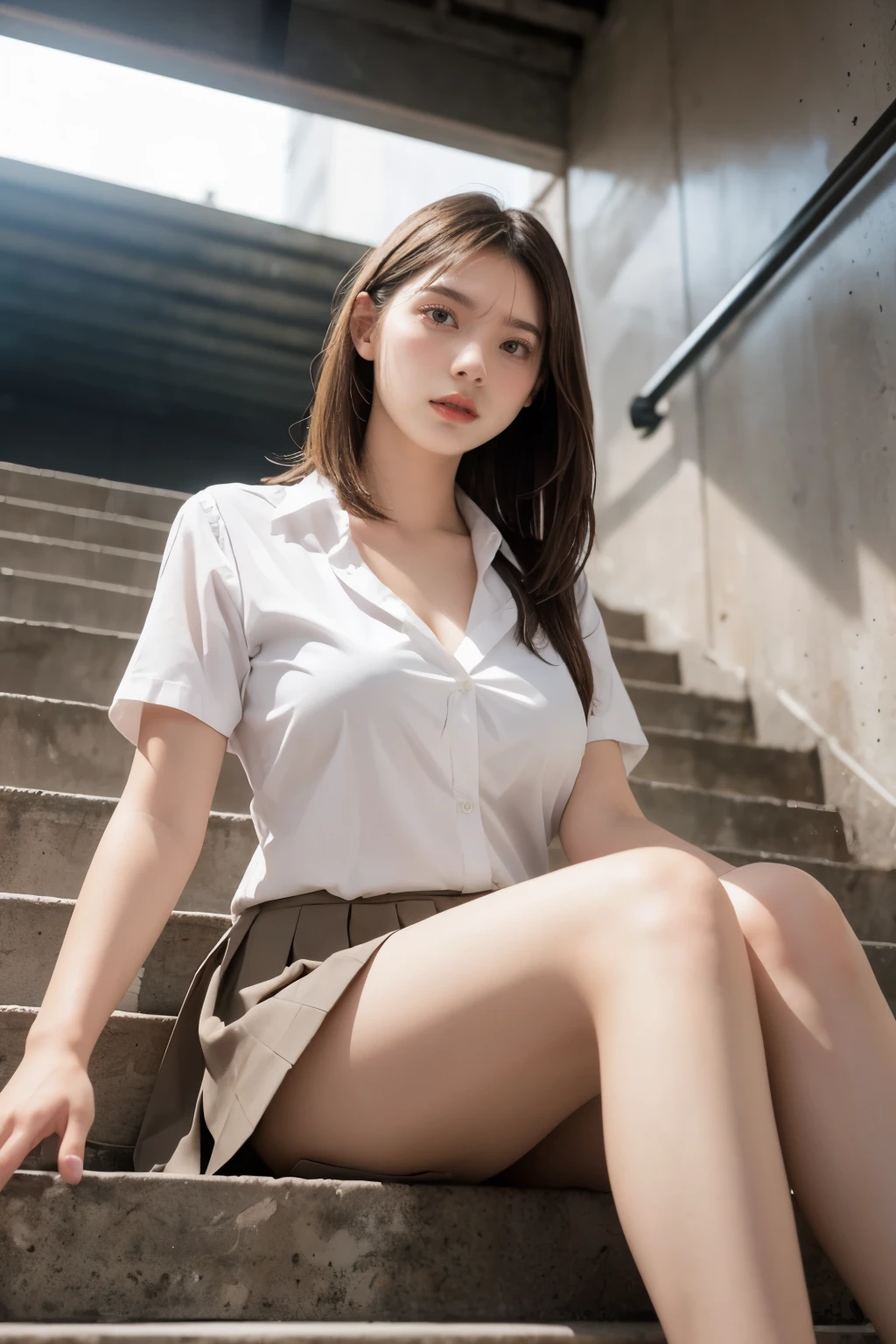 heavy rain, soaked, long hair, looking at viewer, smile, bangs, skirt, brown hair, shirt, short sleeves, brown eyes,  bob hair, Sitting in Stairway of Exit, white browce, pleated micro skirt, Natural hand , school bag,  (From below:1.2), (Plump breast:1.2), split legs, (hold own breast:1.2)