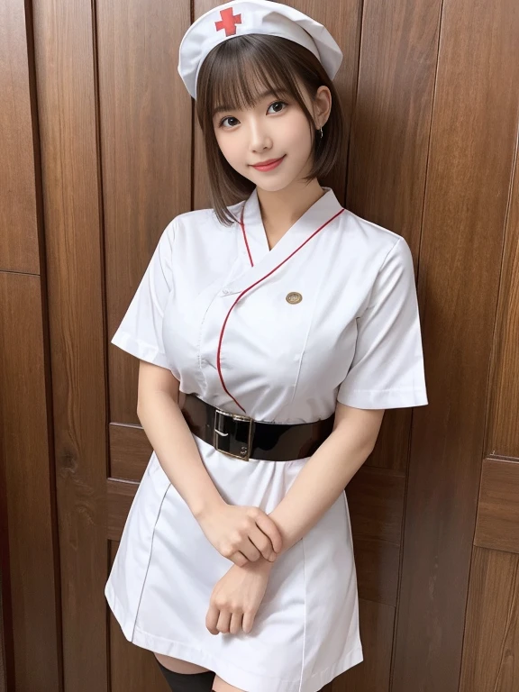 1 female, dimly lit waitress, ポーズ, かわいい, Pointed upwards, Long Hair, ポニーテール, big braided hair, Black Hair, Iris, from the front, indoor, Very nice and beautiful, Japanese, (riho yosioka), Nikon, dutch angle, masterpiece
