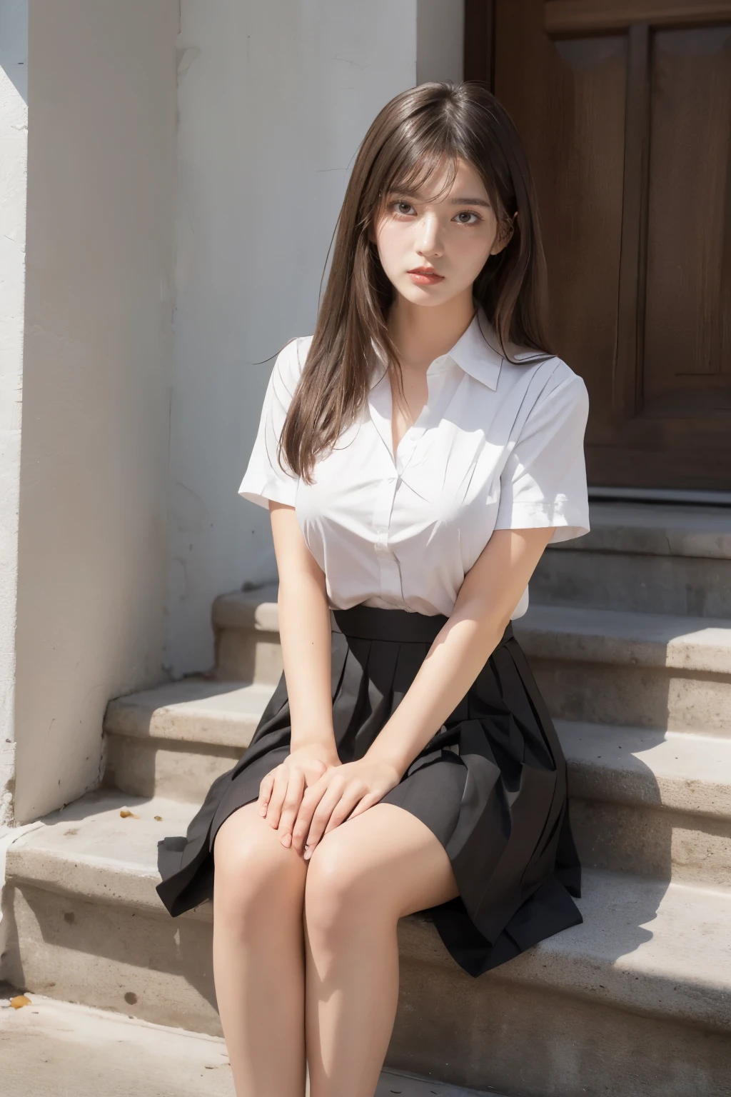 heavy rain, soaked, long hair, looking at viewer, smile, bangs, skirt, brown hair, shirt, short sleeves, brown eyes,  bob hair, Sitting in Stairway of Exit, white browce, pleated micro skirt, Natural hand , school bag,  (From below:1.2), (Plump breast:1.2), split legs, (hold own breast:1.2)