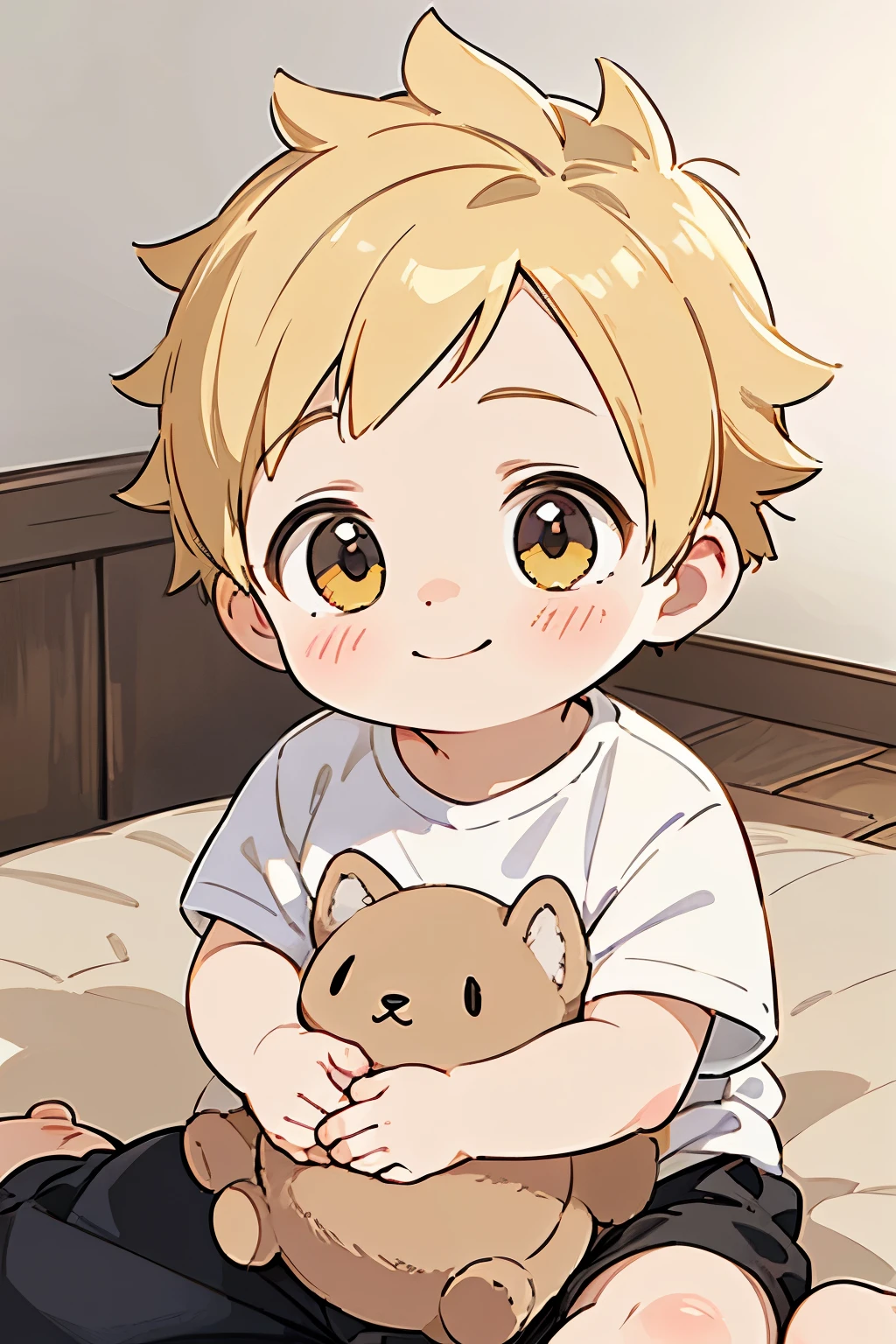 (high-quality, breathtaking),(expressive eyes, perfect face) portrait, Symmetrical Eyes, 1boy, solo, 1 , blonde hair, yellow golden coloured eyes, medium hair, spiked hair, fluffy hair, baby faceckground, wooden floorboard, stone wall background, detailed eyes, sitting in a pile of blankets, black shirt, black shorts, cute smile, books, dog plush
