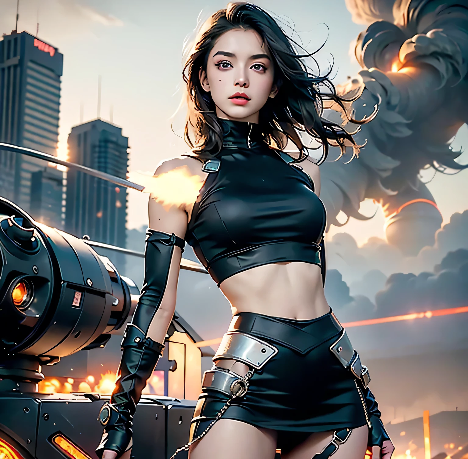 perfect female shape，dark hair, green eyes, High Dynamic Range，long eyelashes，Unbeatable masterpiece，tan skin，putting makeup on，Sexy goddess，crop top, pink skirt, large techno sword, Large mechanical gears，The setting sun burns the clouds，8K high quality，Sexy goddess，A pair of big eyes are beautiful and moving，Makeup，Sexy outfit，【Background with】Large gears，Blue light comes out，Large gears，Doomsday ruins，Giant tornado，Strange sky，The setting sun burns the clouds, orbiting planets，Jupiter，Mercury，Strange sky，Giant tornado 